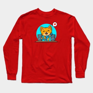 Cute Cat Playing Guitar Cartoon Vector Icon Illustration Long Sleeve T-Shirt